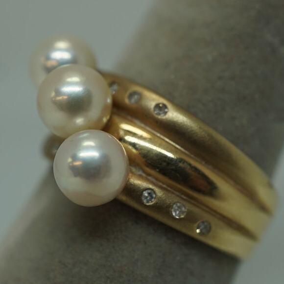 14K Yellow Gold Pearl & Diamond Band Ring Size 9.25 Vintage Estate - Picture 3 of 13